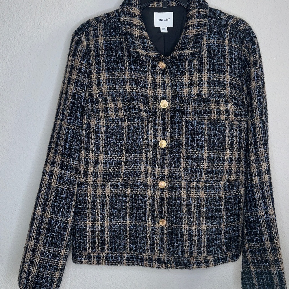 Nine West Women's Plaid Tweed Blazer - Black and‎ Tan